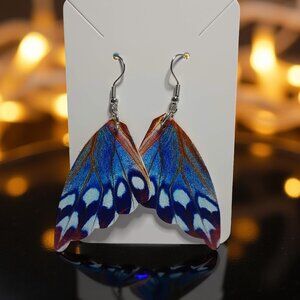 Vegan Leather Blue/Orange Butterfly Wing Earrings.